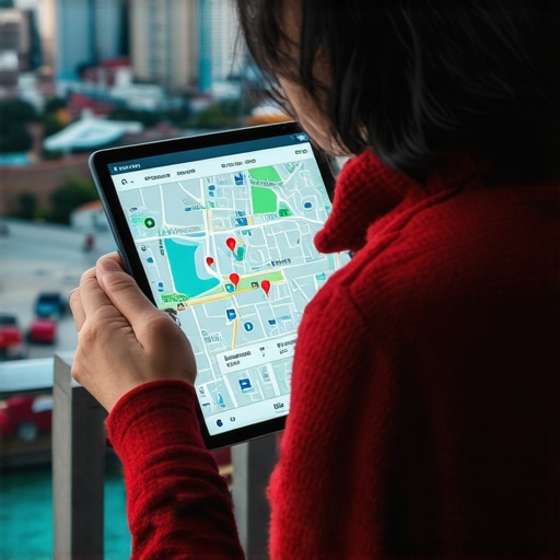 Person working on map SEO strategy with digital tablet in city