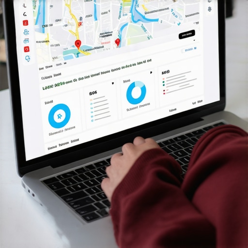 Data-Driven Local SEO Analysis Person reviewing local SEO analytics and map data on a laptop.