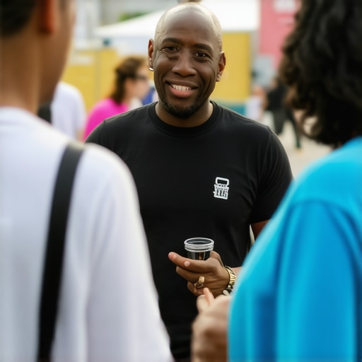 Business owner interacting with community members at local event