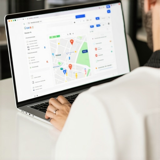 Person updating Google My Business profile on laptop, focusing on maps and analytics