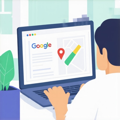 Person working on Google My Business profile on a laptop with maps and keywords