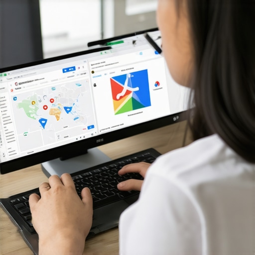 Person using SEO tools on a computer, analyzing maps and local data