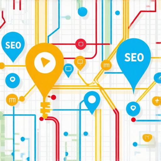 Illustration of a digital map with SEO icons, signals, and arrows representing optimization techniques.