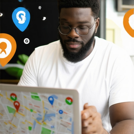 Business owner editing Google Maps profile on laptop with maps and location icons