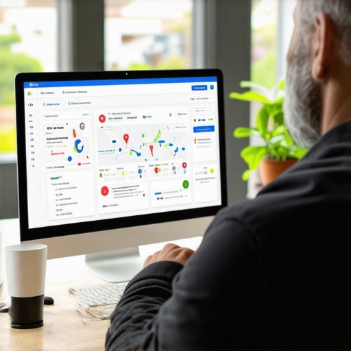 Business owner editing Google Maps listing on laptop with optimization charts.