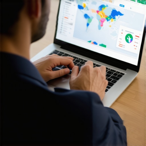 A professional reviewing local SEO data and maps on a laptop in a modern office environment