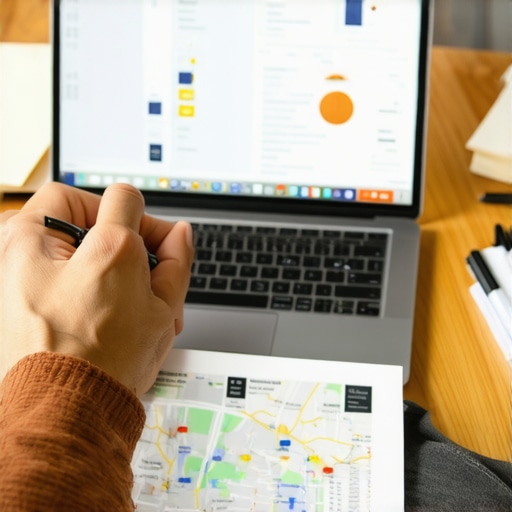 Person analyzing local SEO metrics on a laptop with map analytics