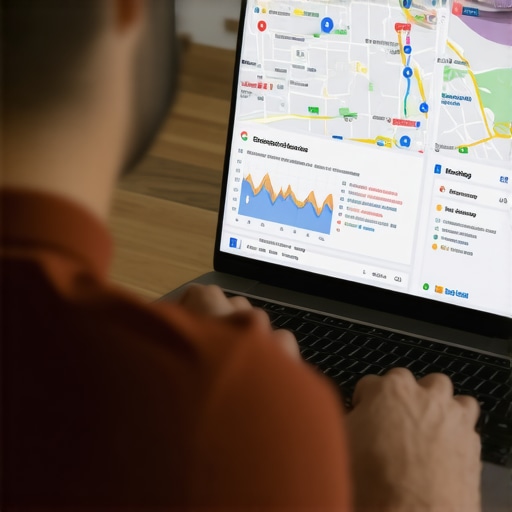 Business owner reviewing map analytics on laptop screen