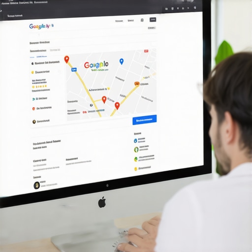 Business owner adding updates to Google My Business profile on laptop, with maps interface visible.