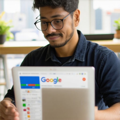 Small business owner updating Google My Business profile on a laptop with cityscape background.