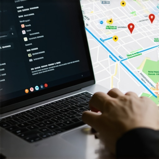 Person working on map SEO analytics on a laptop with digital graphics.