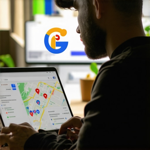 Business owner updating GMB profile on laptop.