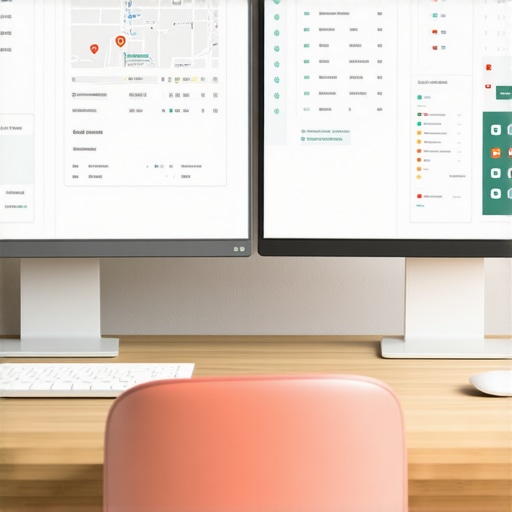 Person managing local map analytics and citations on dual monitors.