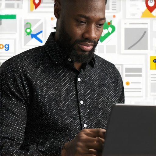 Business owner enhancing their Google Maps listing on a laptop with SEO elements.