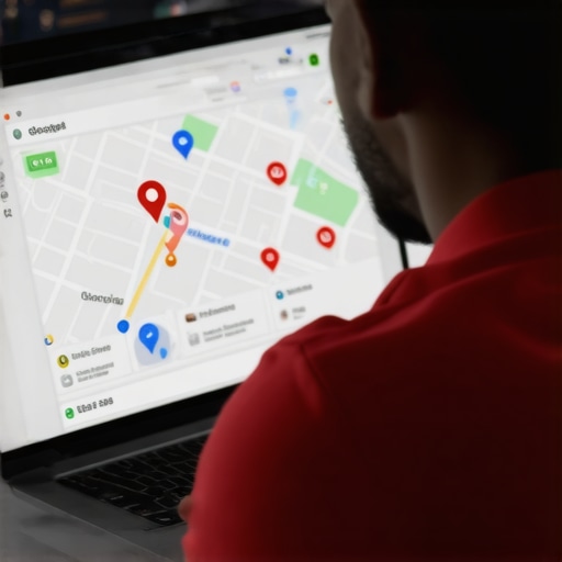 Business owner updating Google My Business profile on a laptop with maps analytics.