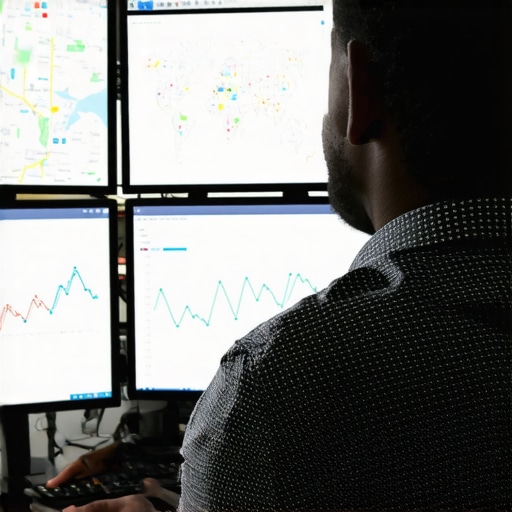 Professional analyzing maps SEO analytics on computer screens.