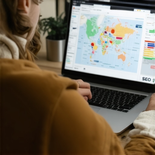 Person reviewing map visibility analytics on a laptop in a modern office.