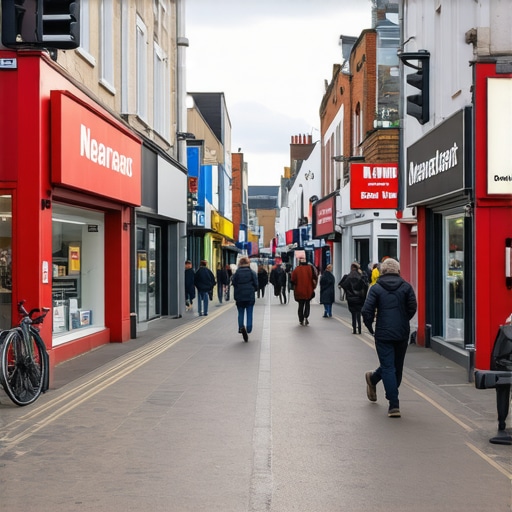 Pedestrians walking past shops with signage on a busy street, representing physical signals for map rankings.