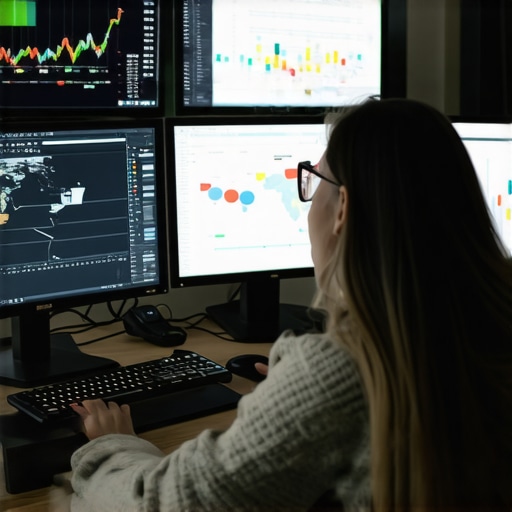 A person analyzing local SEO data on multiple screens showing maps and analytics dashboard
