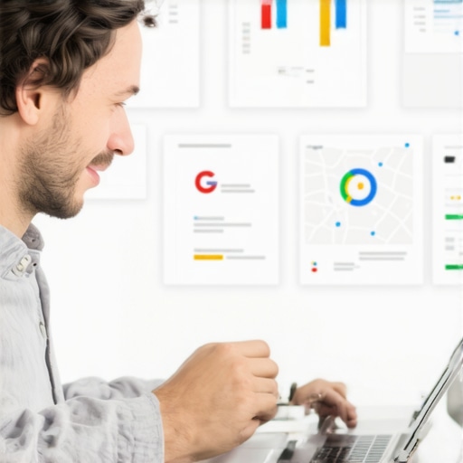 Business owner working on Google My Business profile with maps analytics in the background.