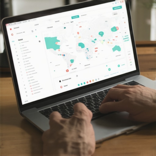 Person analyzing map visibility data with SEO tools on a laptop.