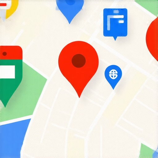 Illustration of Google Maps with SEO signal icons representing knowledge and strategy.