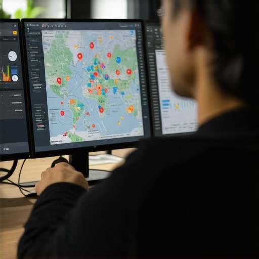 A professional reviewing local map analytics on computer screens with SEO dashboards