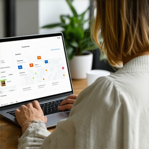 Business owner updating Google Map profile on laptop with charts.
