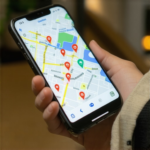 Business owner managing Google Maps profile on smartphone Close-up of a hand holding a phone displaying a local map with several business pins in a store environment.