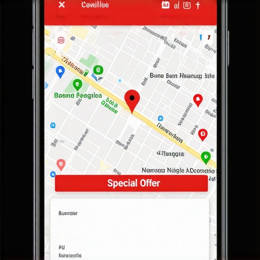 A mobile phone showing a business profile on maps with a promotional offer tag highlighted.