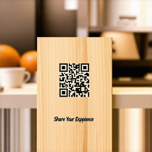 Local Business Review Station A wooden QR code sign on a counter for gathering customer reviews in a local shop.