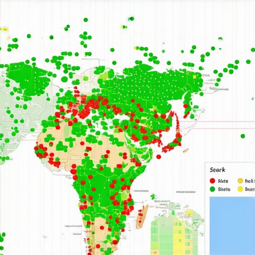 A visualization of local map rankings using a grid tracking tool to show proximity-based visibility.