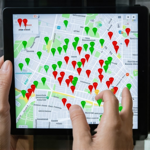 A visual heat map showing Google Maps ranking positions across a specific geographic area.
