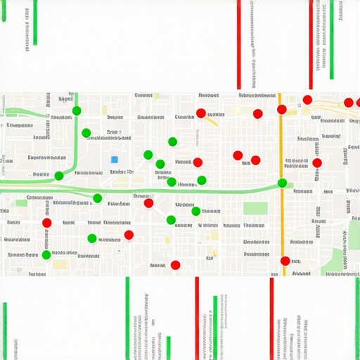 A map showing local search rankings across a geographic area using a grid-based tracking tool for business visibility.