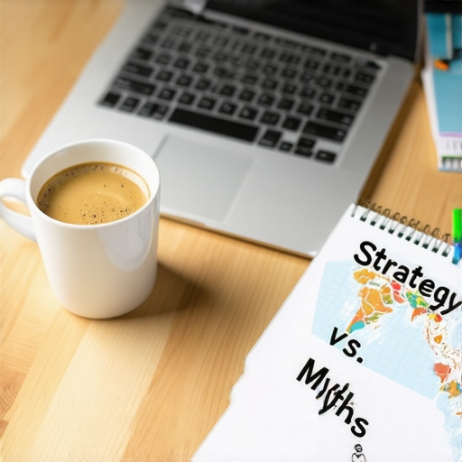 Local SEO Strategy vs Myths A desk setup showing a local SEO strategy map on a laptop screen.