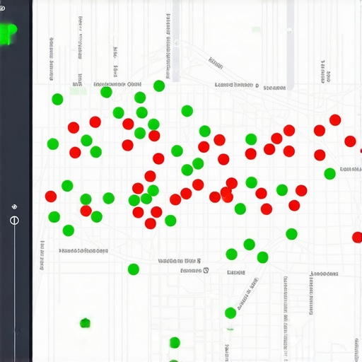 A visualization of a local rank tracking tool showing how a business pin ranks across different blocks in a neighborhood.