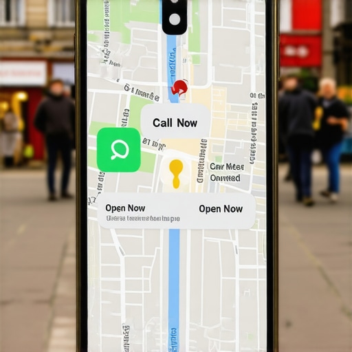 A close-up of a mobile phone screen showing a optimized business map listing with a call button.