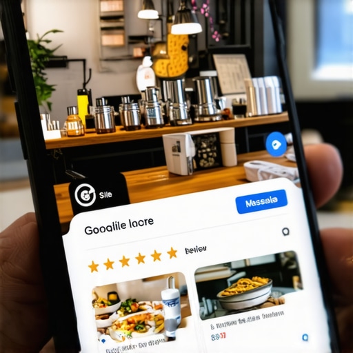 A smartphone displaying a business profile with authentic job site photos and high ratings.