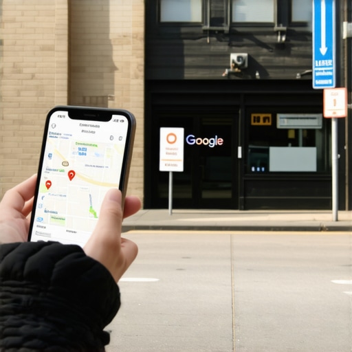 A storefront being verified on Google Maps via a smartphone screen.