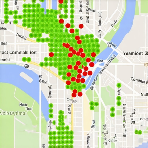 A local SEO rank tracking grid showing search visibility across different city neighborhoods.
